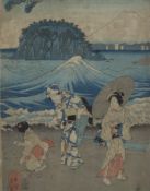 Utagawa Hiroshige II (Shigenobu, 1826-1869) - Muschelsammlerinnen, japanischer Farbholzschnitt, Sig