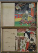 Zwei japanische Farbdrucke - um 1900, patriotische Darstellungen einer Geisha mit Knaben in westlic