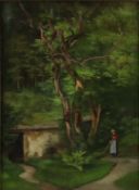 Landschaftsmaler/in 19./20.Jh.- Bewaldete Parklandschaft mit Gärtnerin, Öl auf Leinwand, ca. 63 x 4