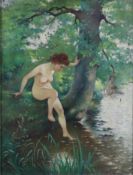 Maler der Jahrhundertwende / Jugendstil um 1900 - Badende am bewaldeten Flussufer, Öl auf Leinwand,