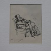 Slevogt, Max (1868-1932) - Sitzende mit Hund, Feder, Tinte auf Papier, unten links in Blei signiert