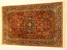 Orientteppich - Kaschmir-Seide auf Wolle, handgeknüpft, Medaillon ziegelfarbig, florales Muster,c a
