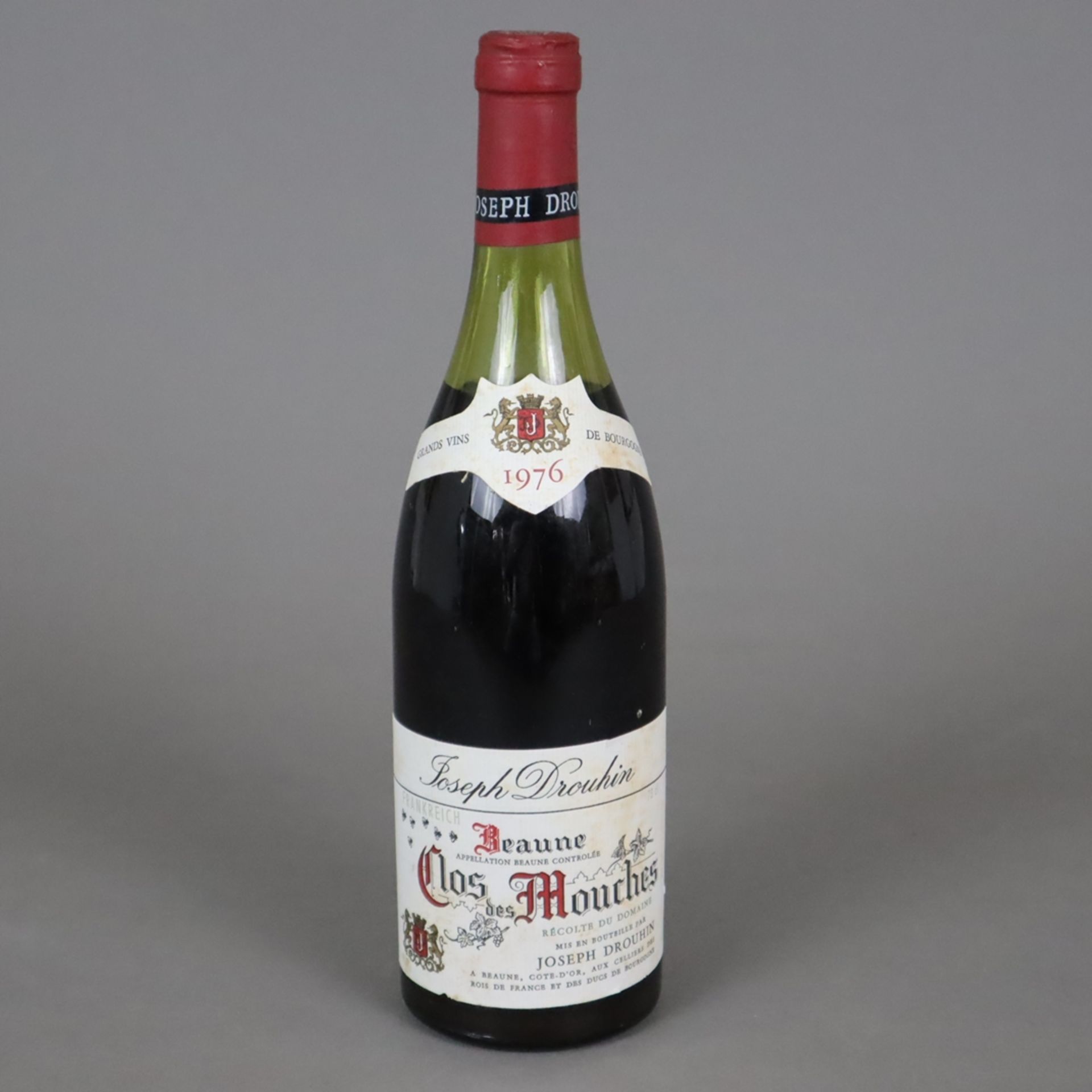 Wein - Beaune Clos des Mouches, Joseph Drouhin, Jahrgang 1976, 0,7 Liter, Etikett verschmutzt