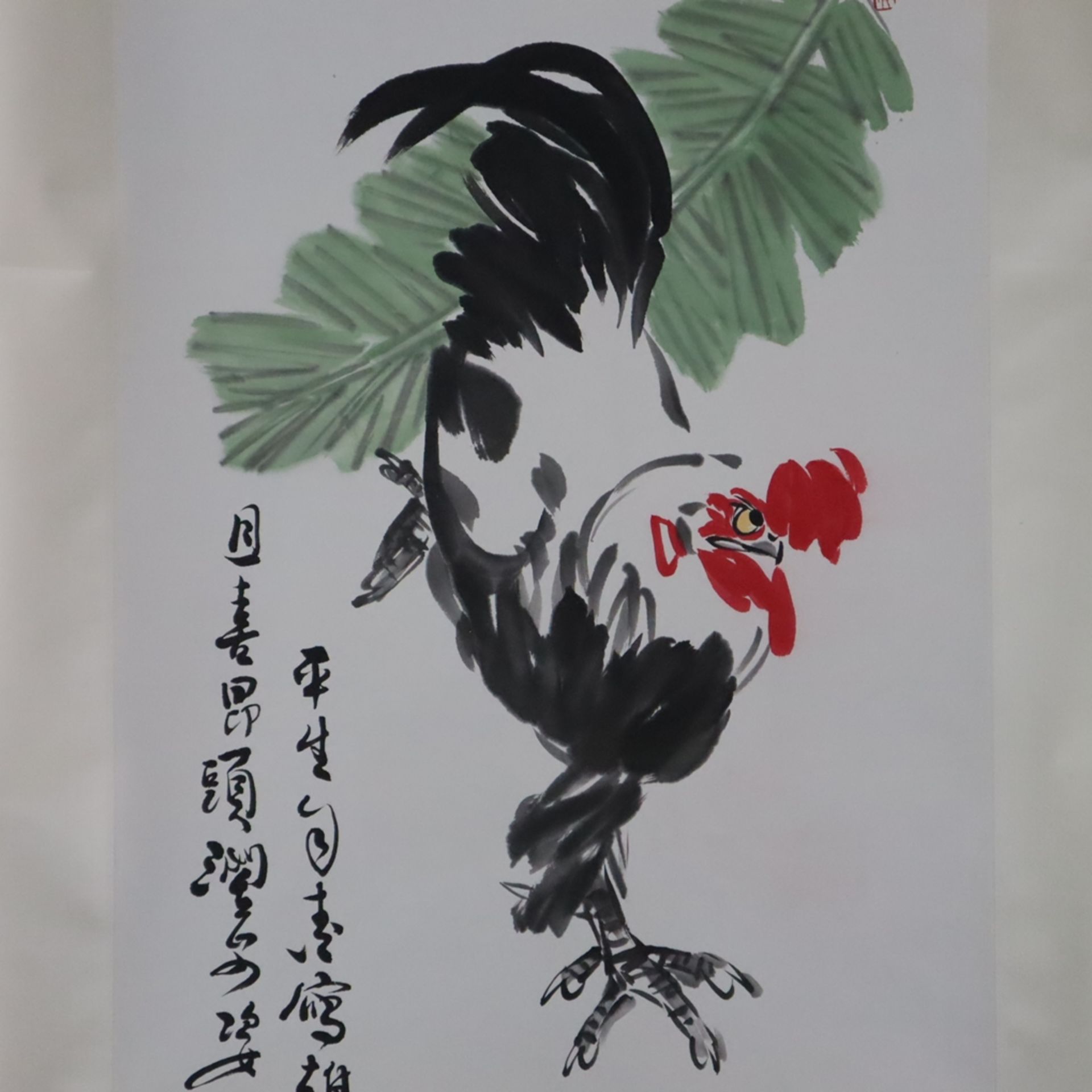 Chinesisches Rollbild - Hahn unter Zweig, Tusche und Farben auf Papier, in chinesischer Kalligraphi - Image 2 of 7
