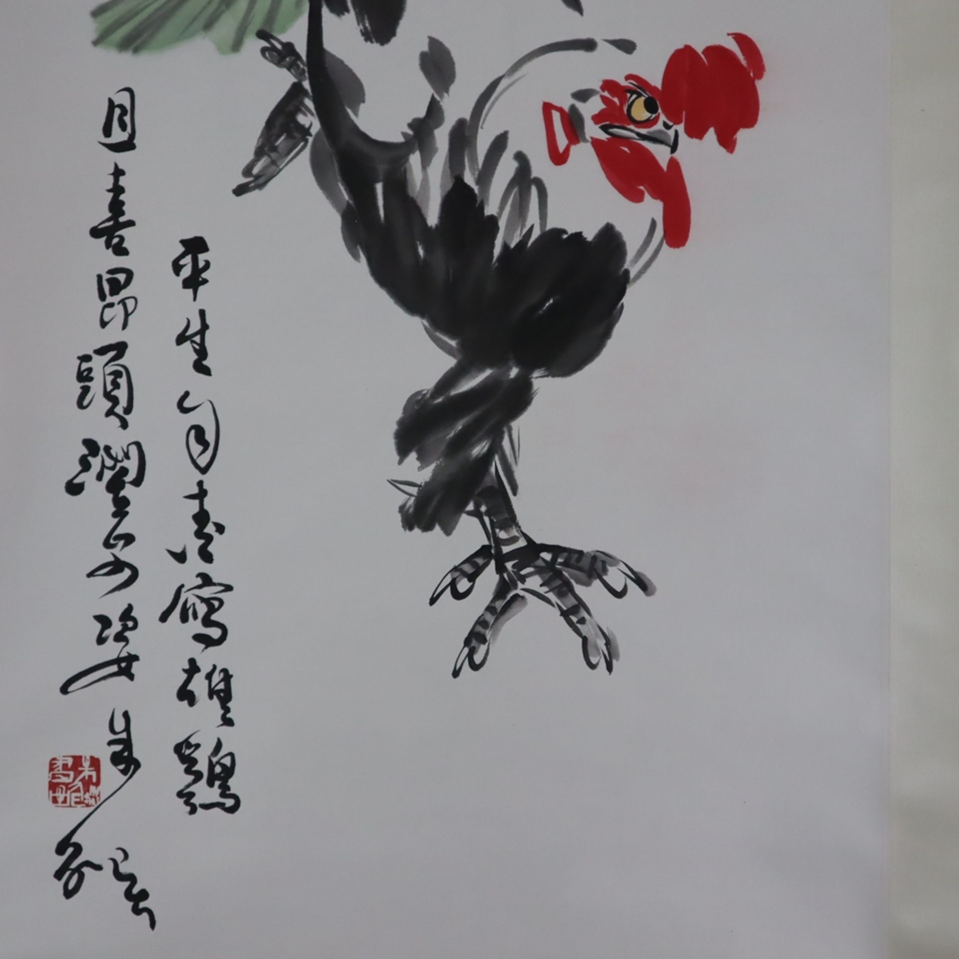 Chinesisches Rollbild - Hahn unter Zweig, Tusche und Farben auf Papier, in chinesischer Kalligraphi - Image 6 of 7