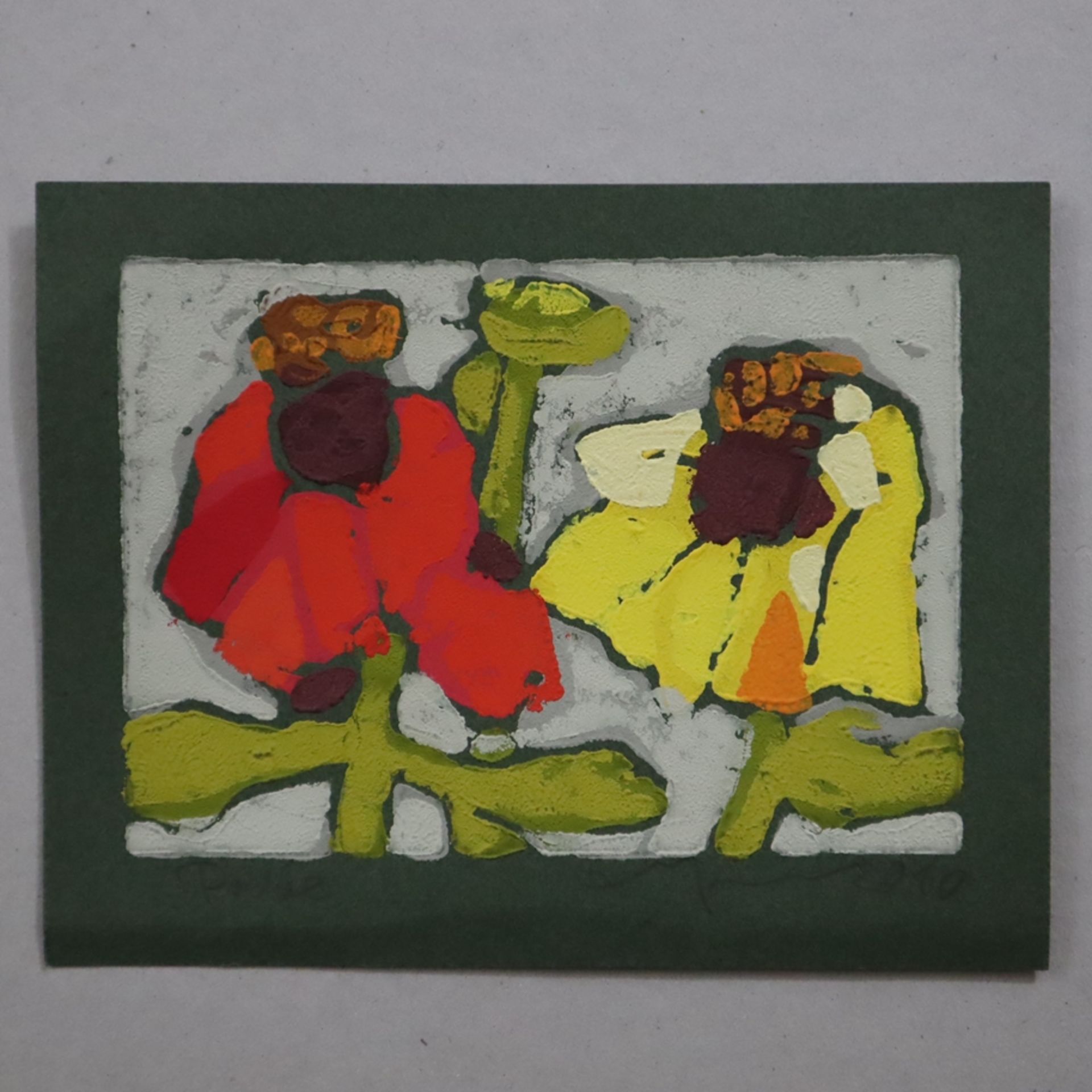 Fußmann, Klaus (*1938 Velbert) - "Zinnien", 2010, Probedruck, Farblinolschnitt auf dunkelgrünem Pap - Bild 2 aus 5