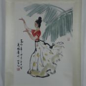 Chinesisches Rollbild - Junge Dame in Tanzpose, Tusche und Farben auf Papier, in chinesischer Kalli