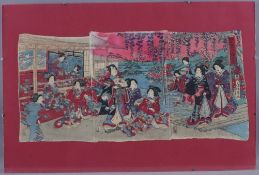 Japanischer Farbholzschnitt-Triptychon -19.Jh.- Parklandschaft mit Pavillon und Bijin, Signatur und