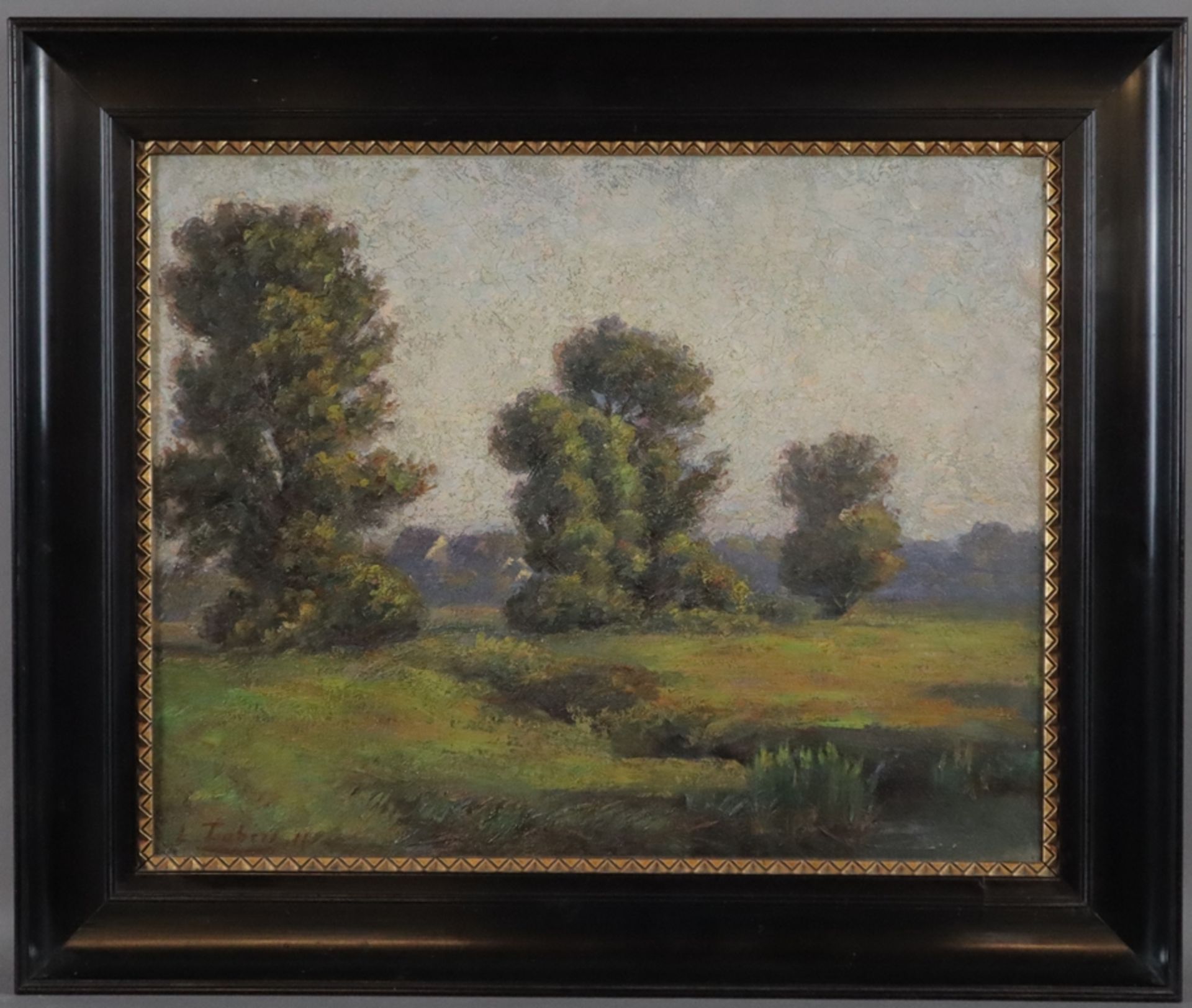 Joubert, Leon (1851 Quimper - 1928 Paris, ?) - Baumbestandene Landschaft mit Teich, Öl auf Karton,  - Bild 2 aus 9