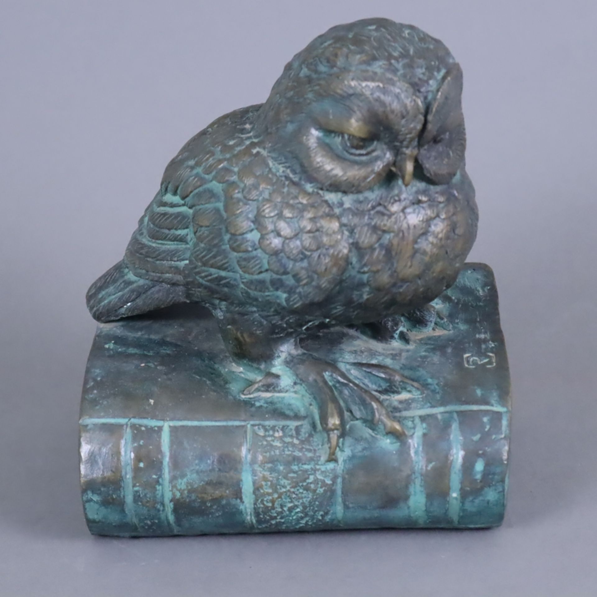 Büchereule - Bronze, patiniert, auf einem geschlossenen Buch sitzende kleine Eule als allegorische 