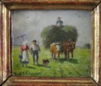 Schleich, Robert (1845-1934) - Bauern bei der Heuernte, Miniaturmalerei, Öl auf Karton, unten links