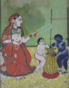 Indische Malerei - Indien 20.Jh., Gouache auf Papier, mehrfigurige Szene mit Krishna als Butterdieb
