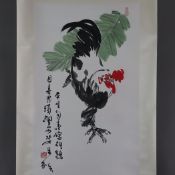 Chinesisches Rollbild - Hahn unter Zweig, Tusche und Farben auf Papier, in chinesischer Kalligraphi