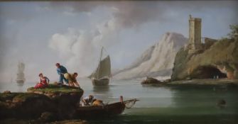 Unbekannte/r Künstler/in 20.Jh. - Südländische Küstenansicht mit Fischersleuten, Öl auf Holzplatte,