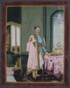 Indische Malerei -Gouache und Gold auf Papier, Interieurszene mit Herrscher in Vollfigur, Indien 20