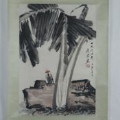 Chinesisches Rollbild - Vogel unter einem Baum, Tusche und Farben auf Papier, in chinesischer Kalli