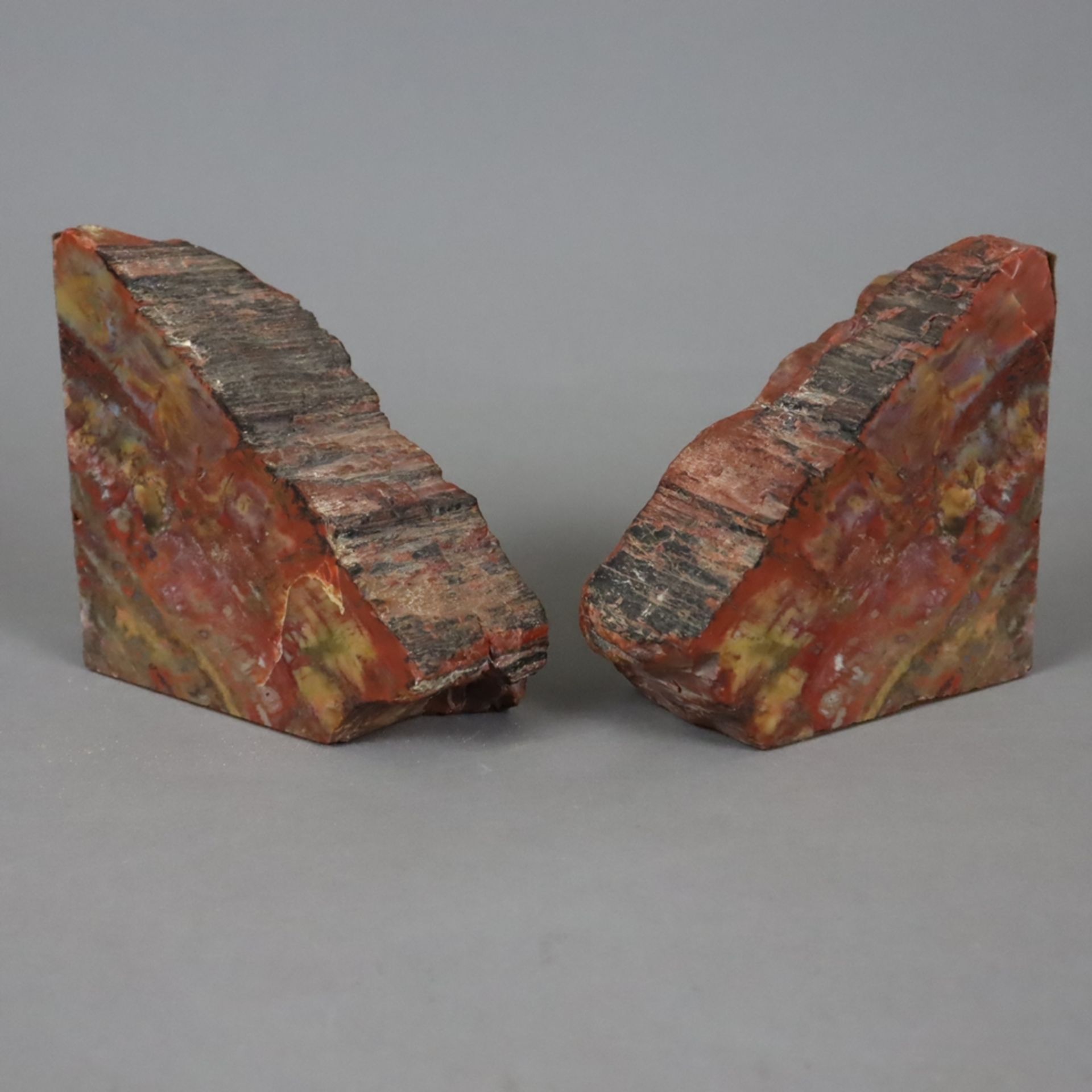 Ein Paar Buchstützen aus versteinertem Holz - Arizona, USA, ca. 160 Millionen Jahre alt, teils glat