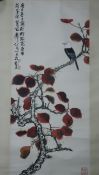 Chinesisches Rollbild - Singvogel auf rotem Ast, Tusche und Farben auf Papier, in chinesischer Kall