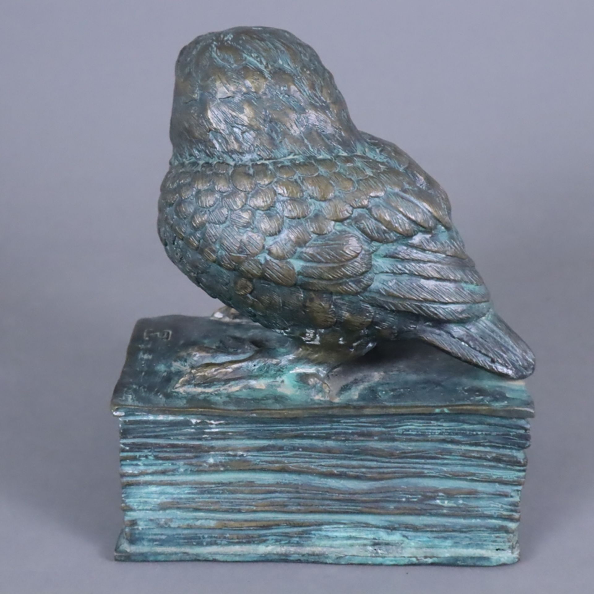 Büchereule - Bronze, patiniert, auf einem geschlossenen Buch sitzende kleine Eule als allegorische  - Bild 6 aus 7