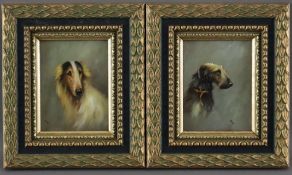 Ein Paar Miniaturmalereien - Zwei Hundeportraits, überaus feine Ölmalerei auf Holzplatte, monogramm