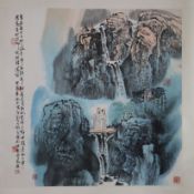 Chinesisches Rollbild - Landschaft mit Figurenstaffage, Tusche und leichte Farben auf Papier, in ch