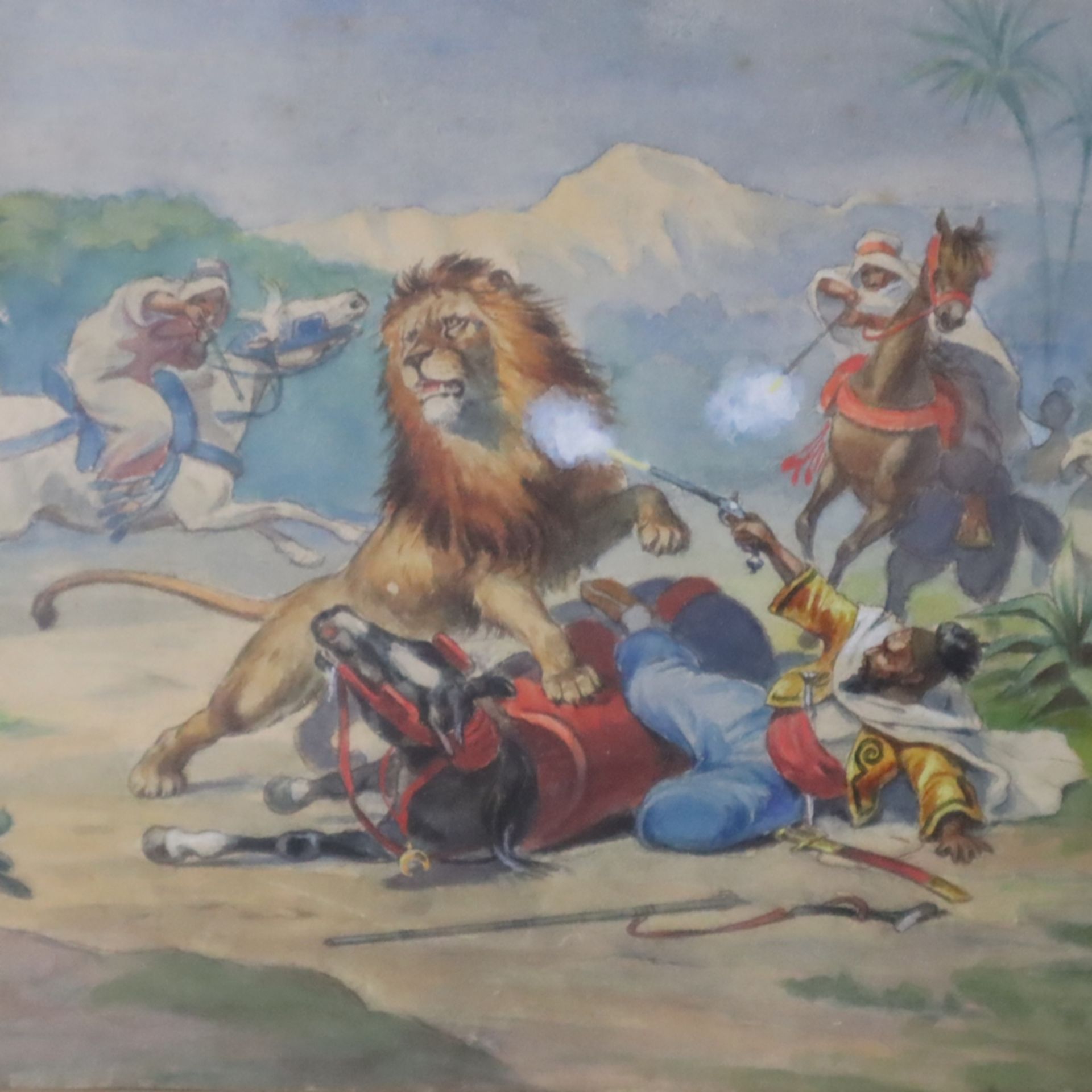 Unbekannte/r Künstler/in -frühes 20. Jh.- Szenische Darstellung eines Löwenangriffs auf einen mit P - Image 3 of 8