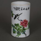 Pinselhalter - China, Qing-Dynastie, Porzellan, handgemalter Emaildekor mit Vogel auf Ast und Päoni