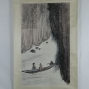 Chinesisches Rollbild - Flusslandschaft mit Männern im Boot, in der Art von Fu Baoshi (1904-1965), 