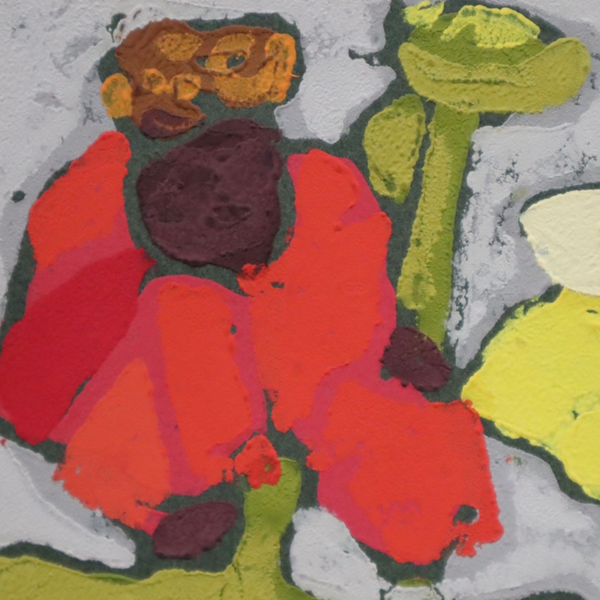 Fußmann, Klaus (*1938 Velbert) - "Zinnien", 2010, Probedruck, Farblinolschnitt auf dunkelgrünem Pap - Bild 4 aus 5
