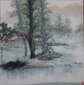 Chinesisches Rollbild - Gehöft am baumbestandenen Gewässer, Tusche und leichte Farben auf Papier, i