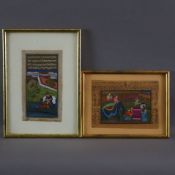 Indo-persische Buchmalereien- 2-tlg, Miniaturseiten aus Handschriften in feiner Deckfarbenmalerei, 