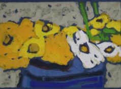 Fußmann, Klaus (*1938 Velbert) - "Margeriten und Rudbeckia in Vase", 2015, Farblinolschnitt auf dun