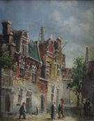 Feine Miniaturmalerei - Belebte niederländische Straßenszene in der Art von Cornelis Springer, Öl a