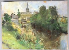 Heffner, Karl (1849 Würzburg - München 1925) - Flusslandschaft mit Dorfansicht, Öl auf Karton, unte