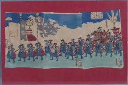 Japanischer Farbholzschnitt-Triptychon -19.Jh.- Marschierende Soldaten mit Standarten und Feldherrn