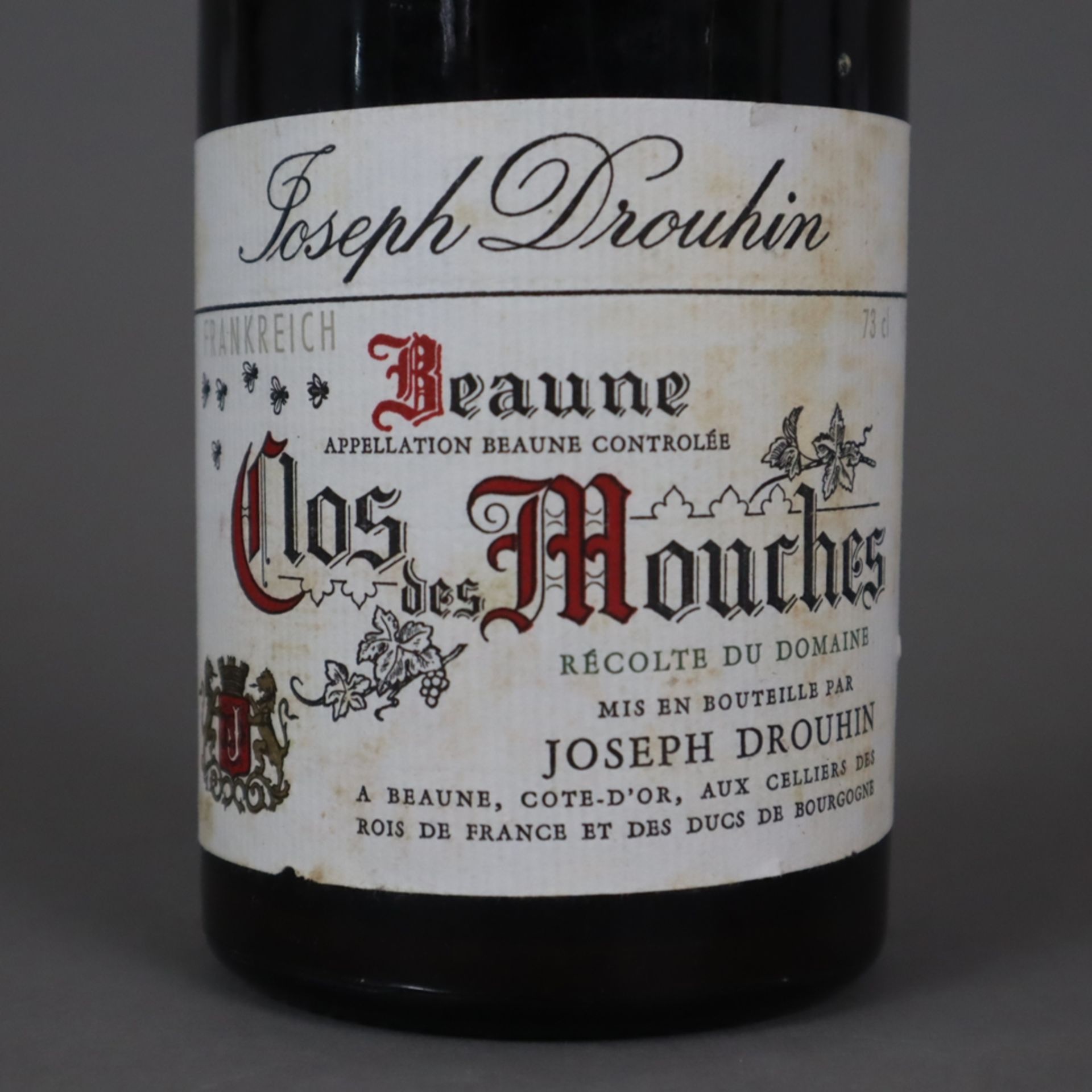 Wein - Beaune Clos des Mouches, Joseph Drouhin, Jahrgang 1976, 0,7 Liter, Etikett verschmutzt - Bild 3 aus 4