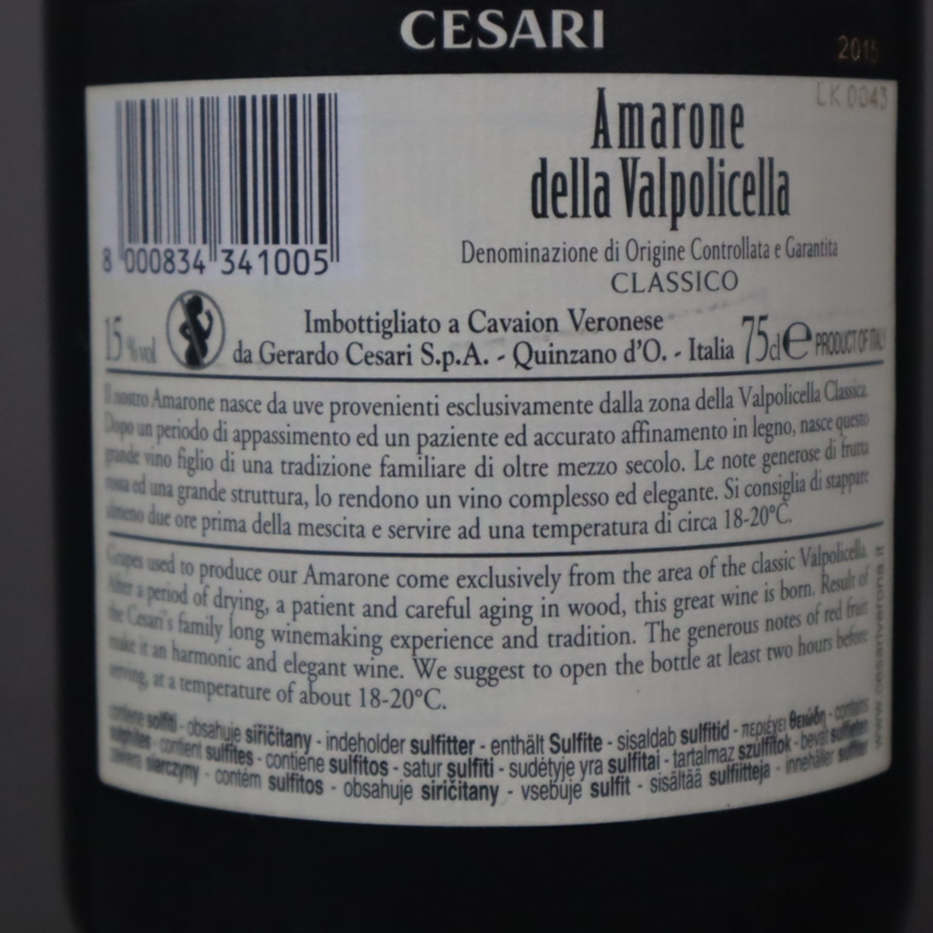 Weinkonvolut - 2 Flaschen, Cesari Amarone della Valpolicella, Classico, Jahrgang 2015, 0,7 Liter - Bild 5 aus 5