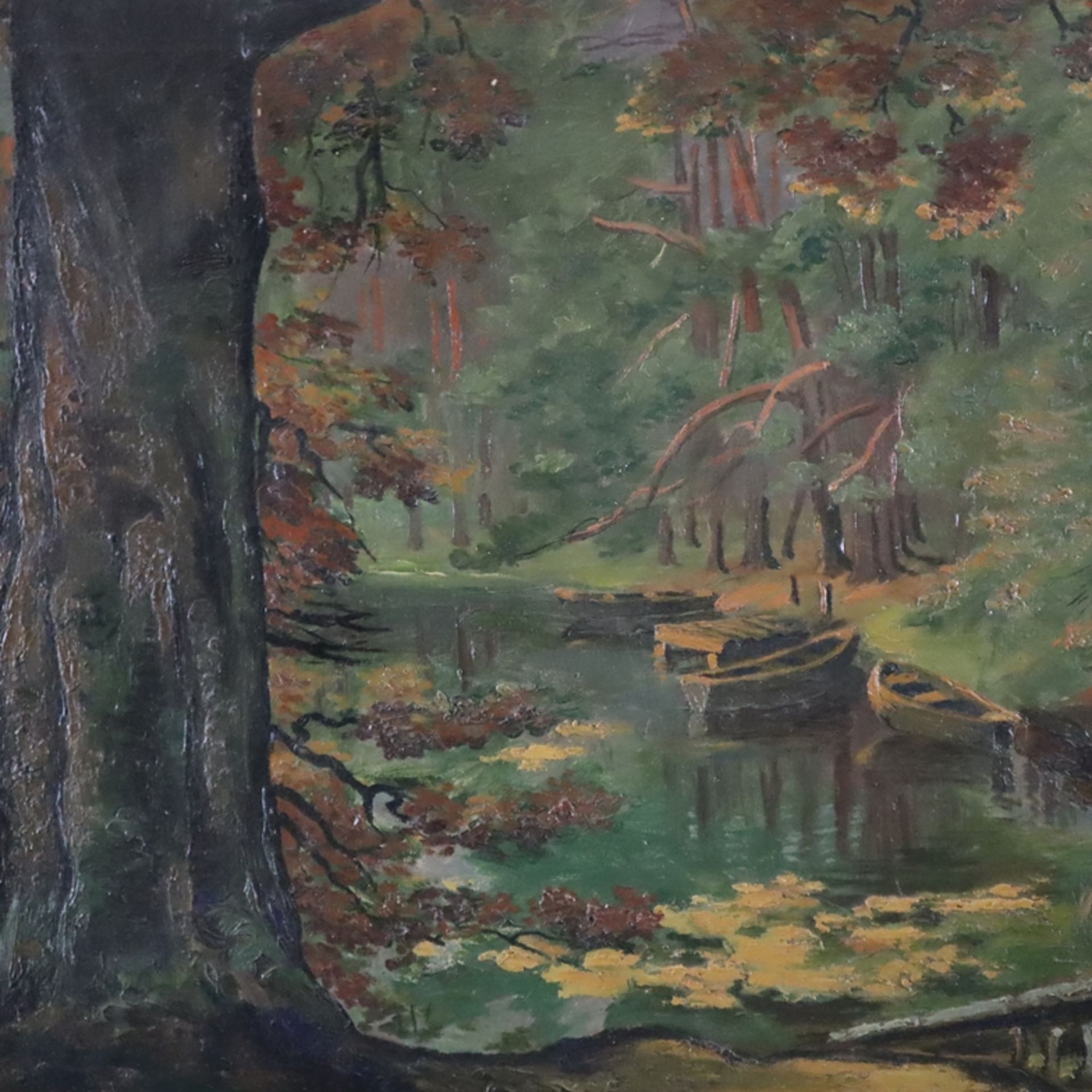 Zimmer, K. (19./20.Jh.) - Bootsanlegestelle im frühherbstlichen Wald, 1916, Öl auf Leinwand, unten  - Bild 3 aus 11