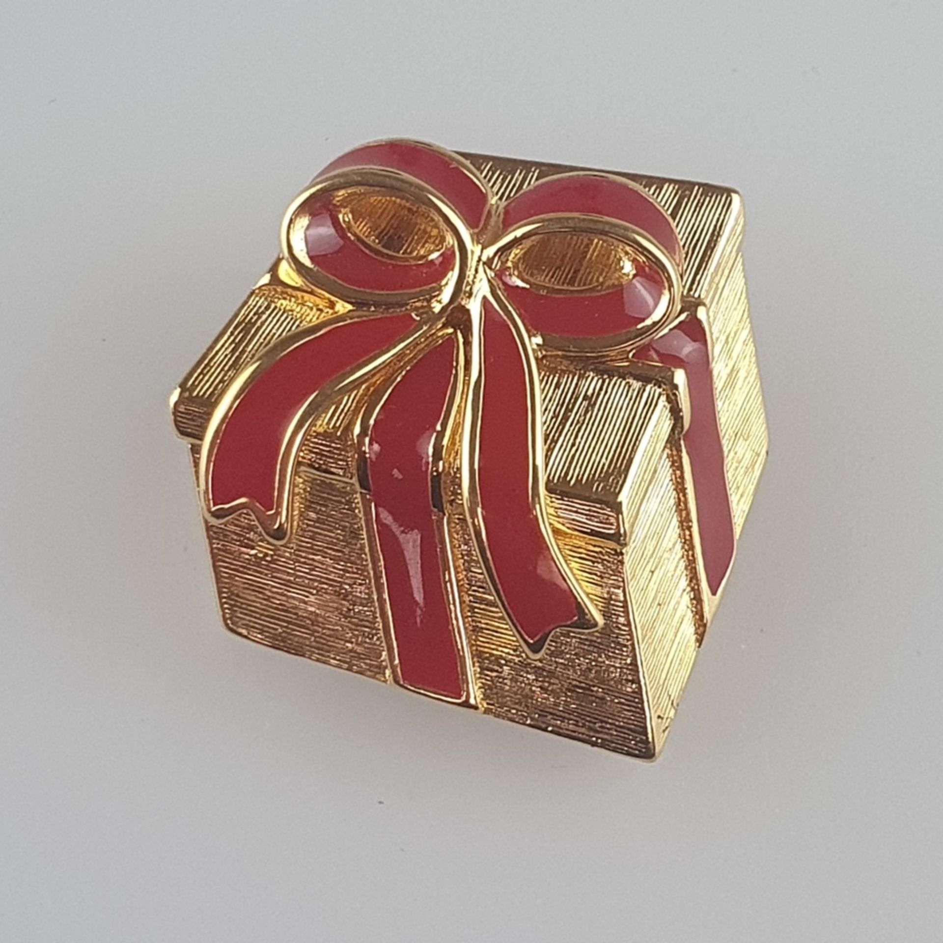 Vintage-"Christmas"-Brosche - MONET / USA, 1960/70er Jahre, Geschenk, Metall vergoldet, Schleife mi