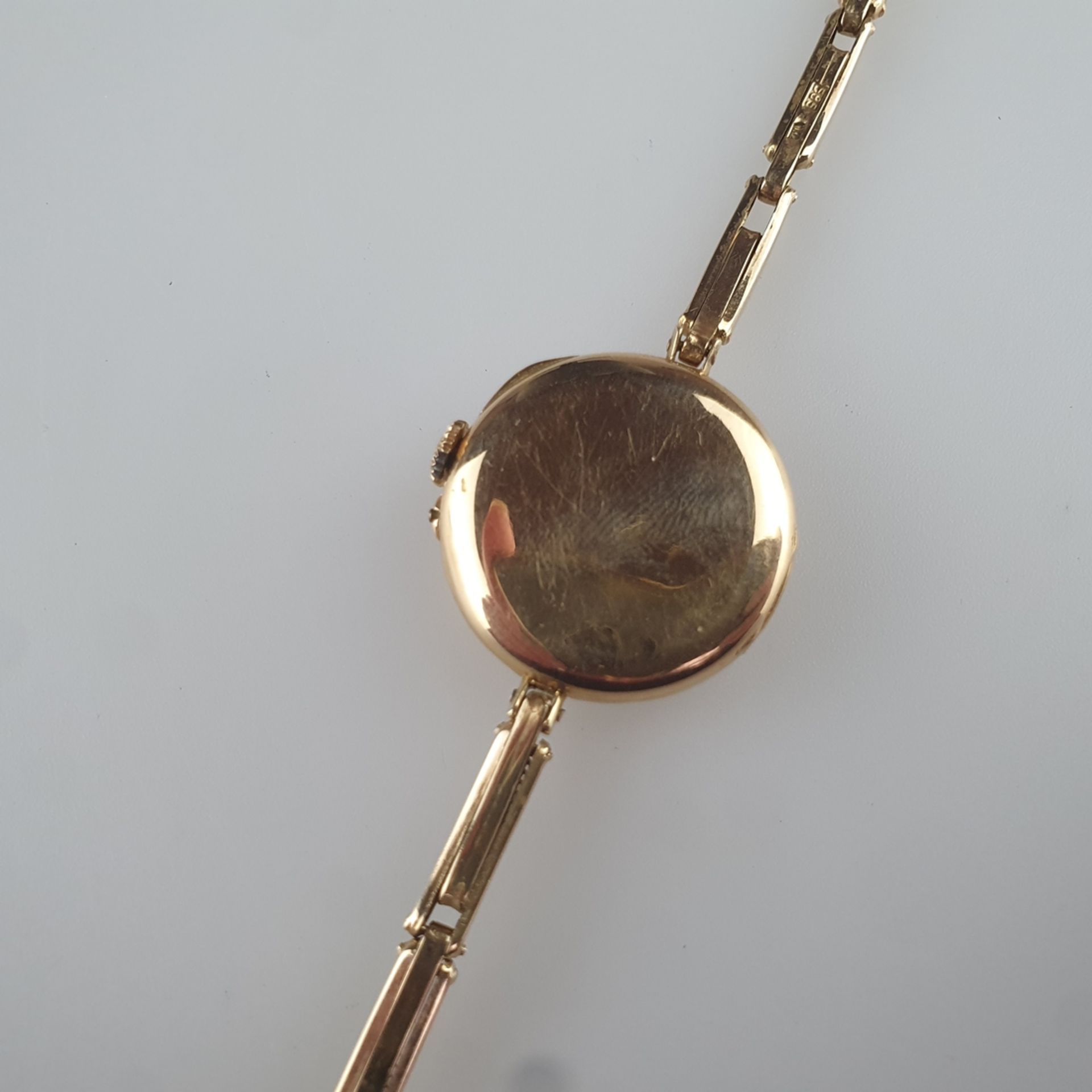 Damenarmbanduhr - Schweiz, rundes glattes Goldgehäuse, D. ca. 25mm, Rückdeckel innen gepunzt mit "1 - Image 5 of 7