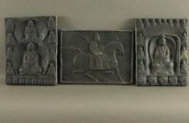 Drei größere Kacheln - China, Tonware reliefiert mit buddhistischen Gottheiten sowie Reitermotiv, 2