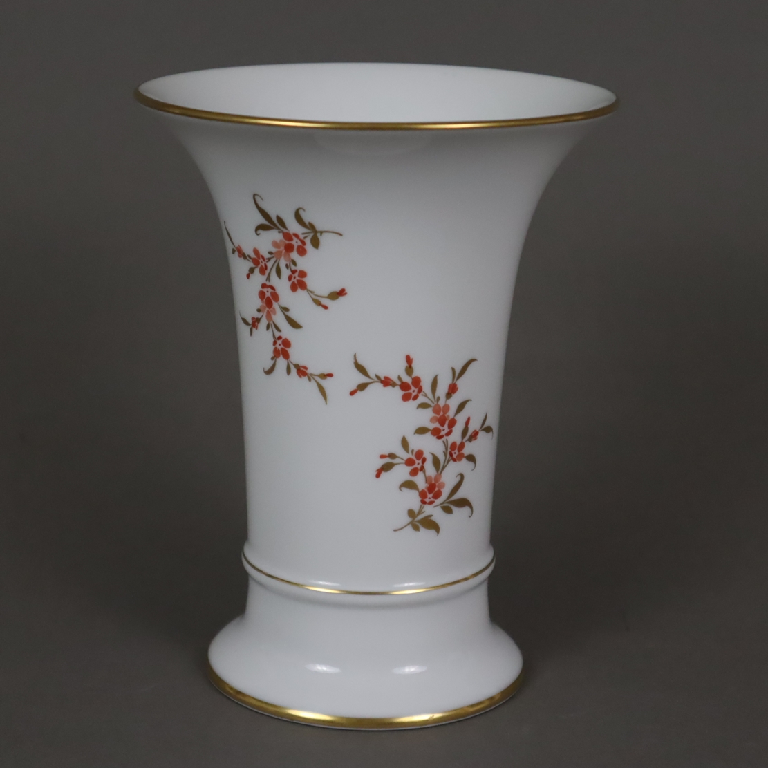 Paar Vasen und Deckeldose - Höchst, Porzellan, Blütendekor in Purpurrot mit Goldverzierungen, 2x Tr - Image 2 of 6