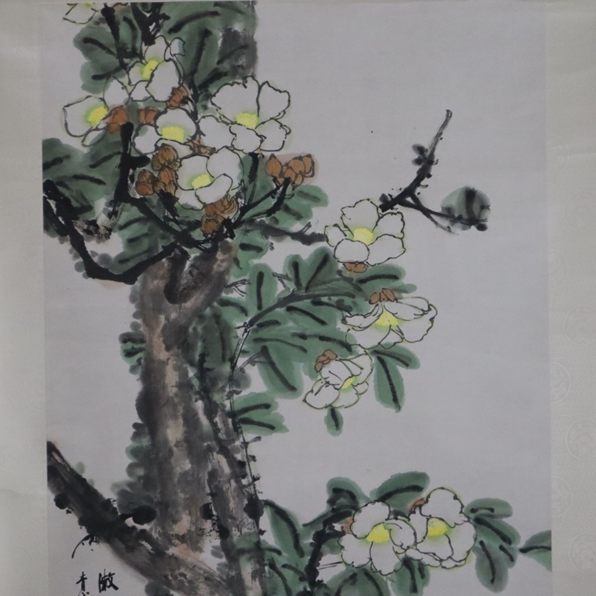 Chinesisches Rollbild - Blühende Baumzweige, Tusche und Farben auf Papier, in chinesischer Kalligra - Bild 2 aus 9
