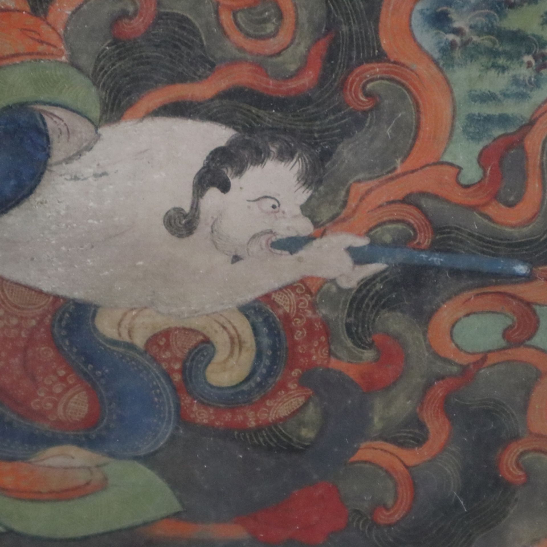 Thangka der Schutzgottheit Shingjachen (Tib. shing bya can) - Tibet 19.Jh., Nyingma und Gelug Tradi - Image 7 of 11