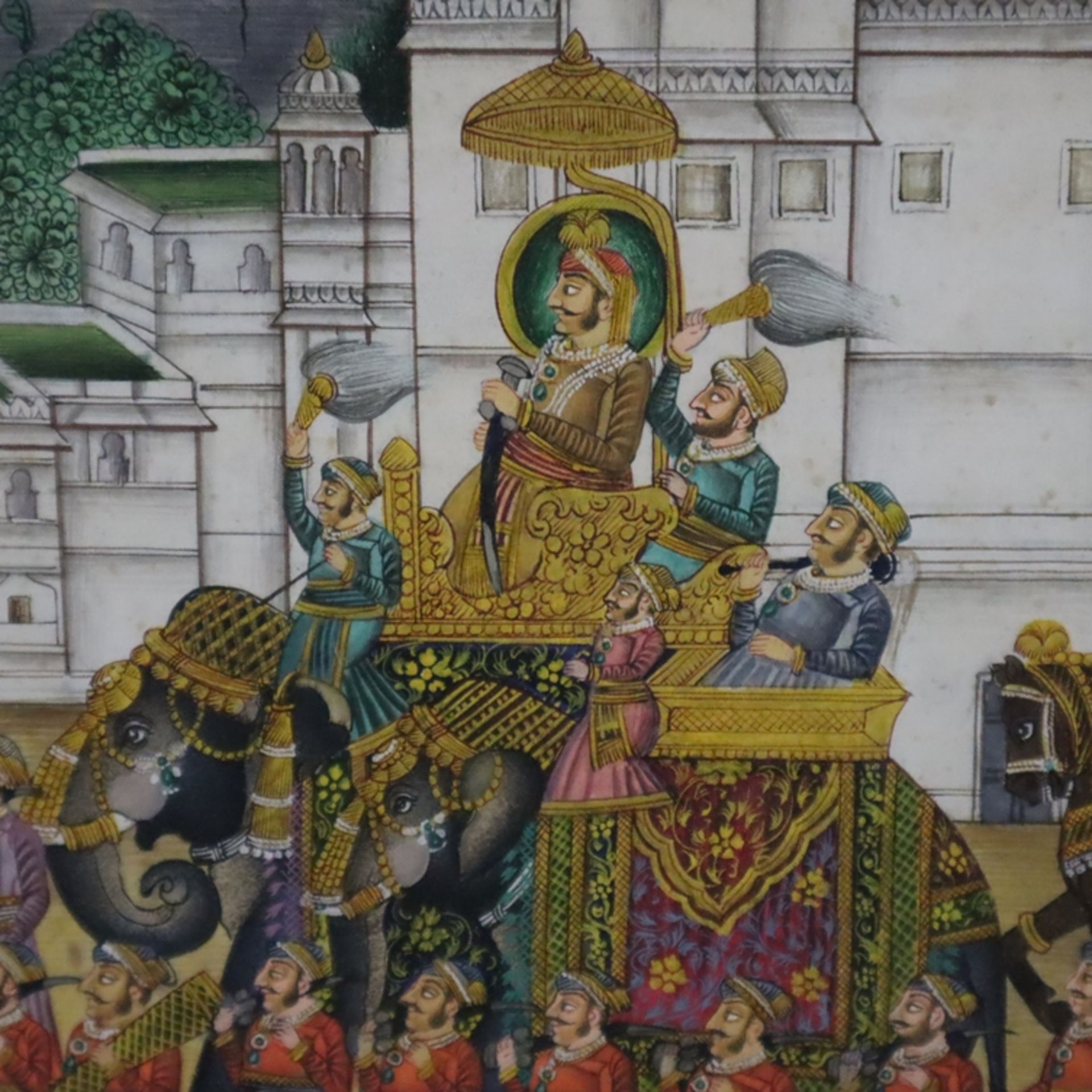 Indische Miniaturmalerei - Vielfigurige Prozession des Maharaja von Udaipur vor dem Gangaur Ghat, m - Image 3 of 9