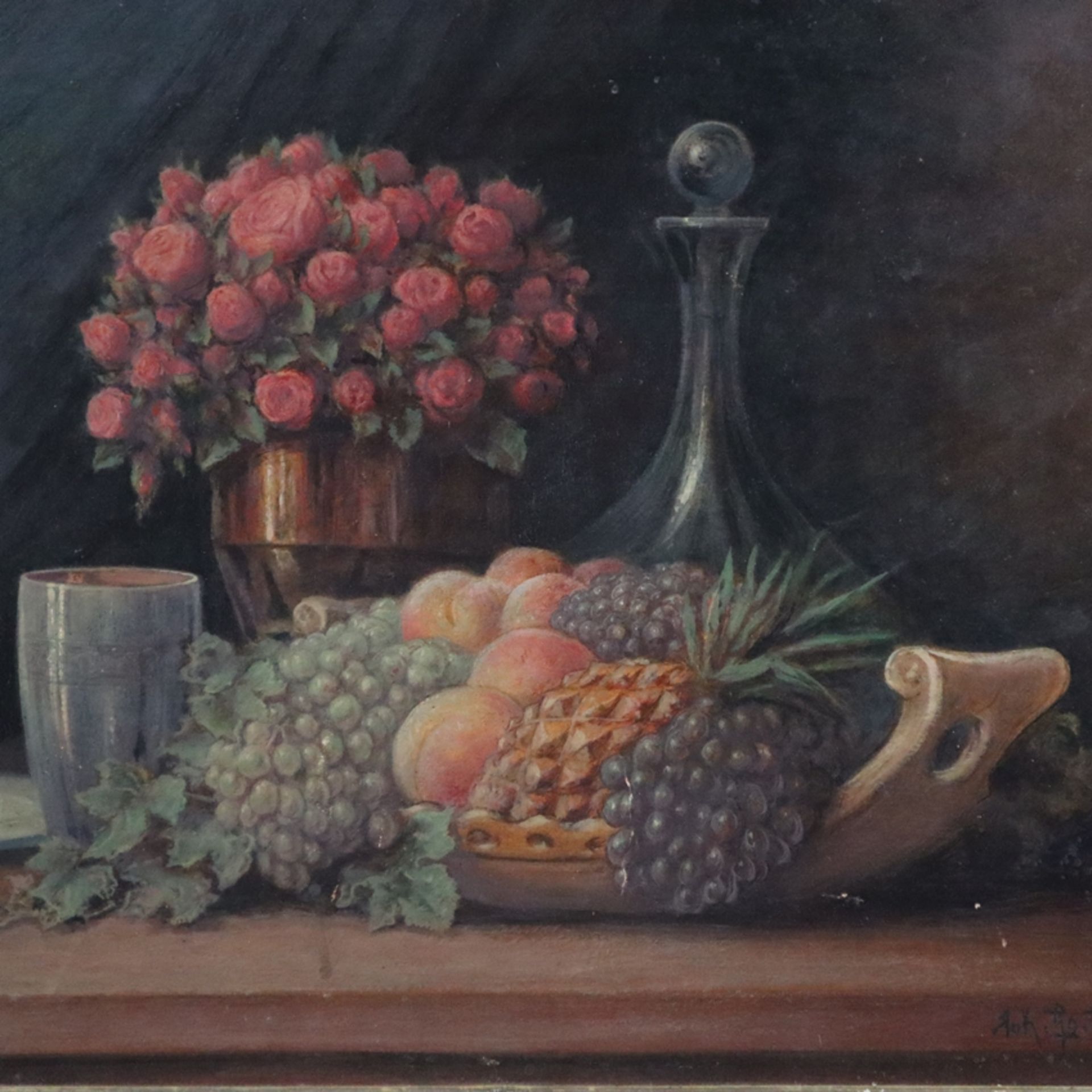 Mohr, Johann Georg (1864 -Frankfurt am Main- 1943) - Stillleben mit Obstschale und Rosenstrauß, Öl  - Bild 3 aus 9