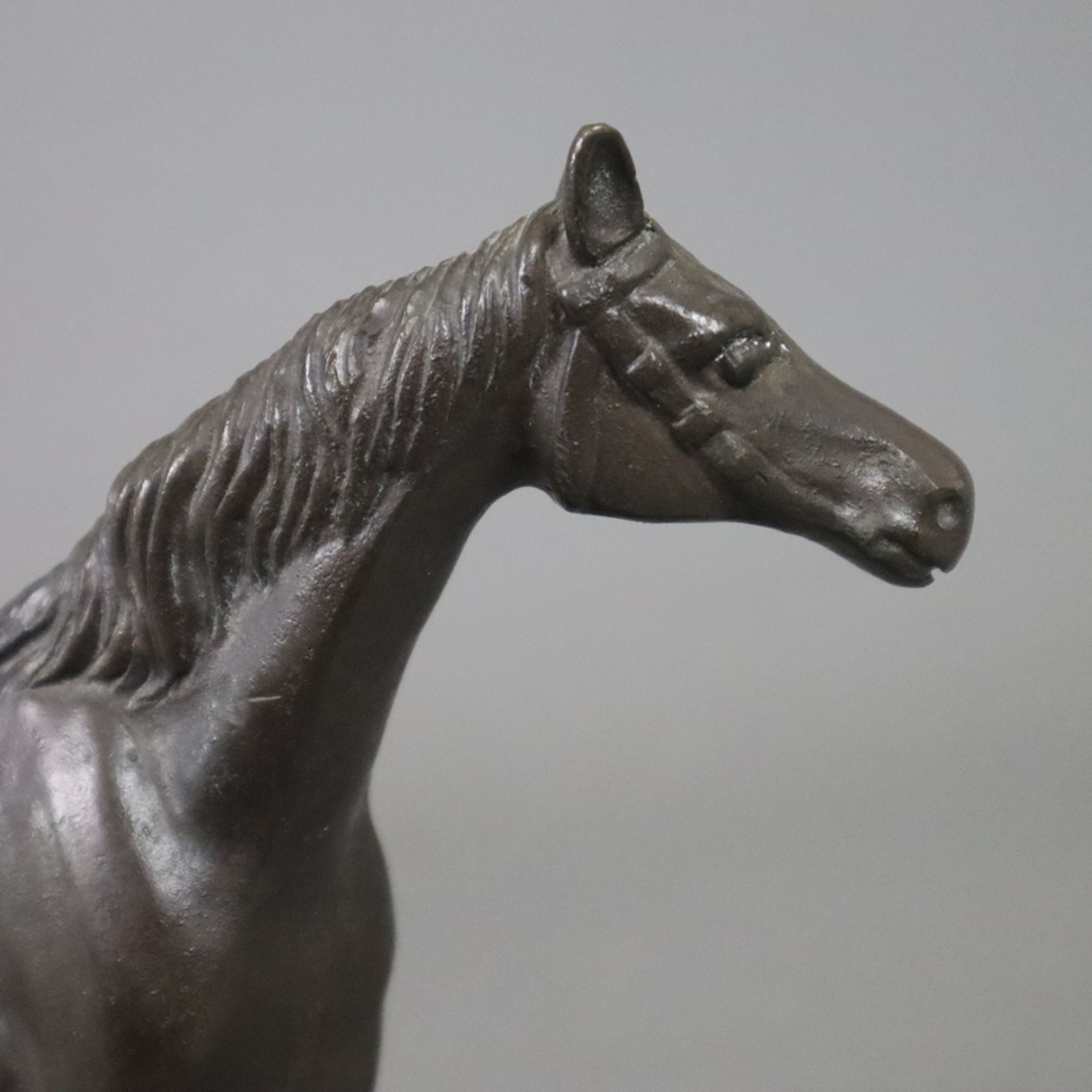 Tierskulptur "Pferd" - Bronze, braun patiniert, naturalistische Darstellung eines stehenden, gesatt - Bild 3 aus 6