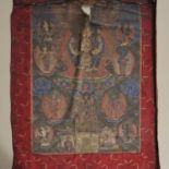Thangka mit zentraler Figur des Shadakshari-Lokeshvara - Tibet, polychrome Pigmente auf Leinwand, d