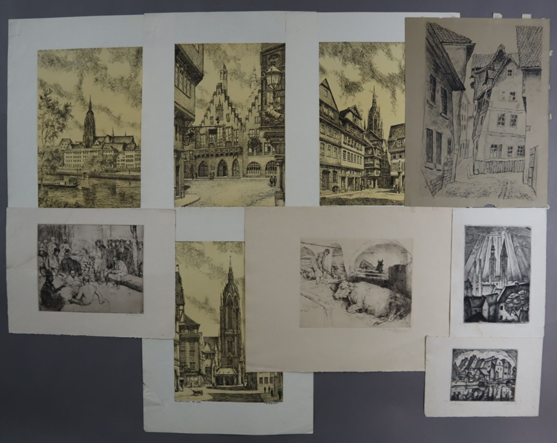 Grafiksammlung - 9-teilig, diverse Künstler, Techniken und Motive, unter anderem Thielmann, Wilhelm
