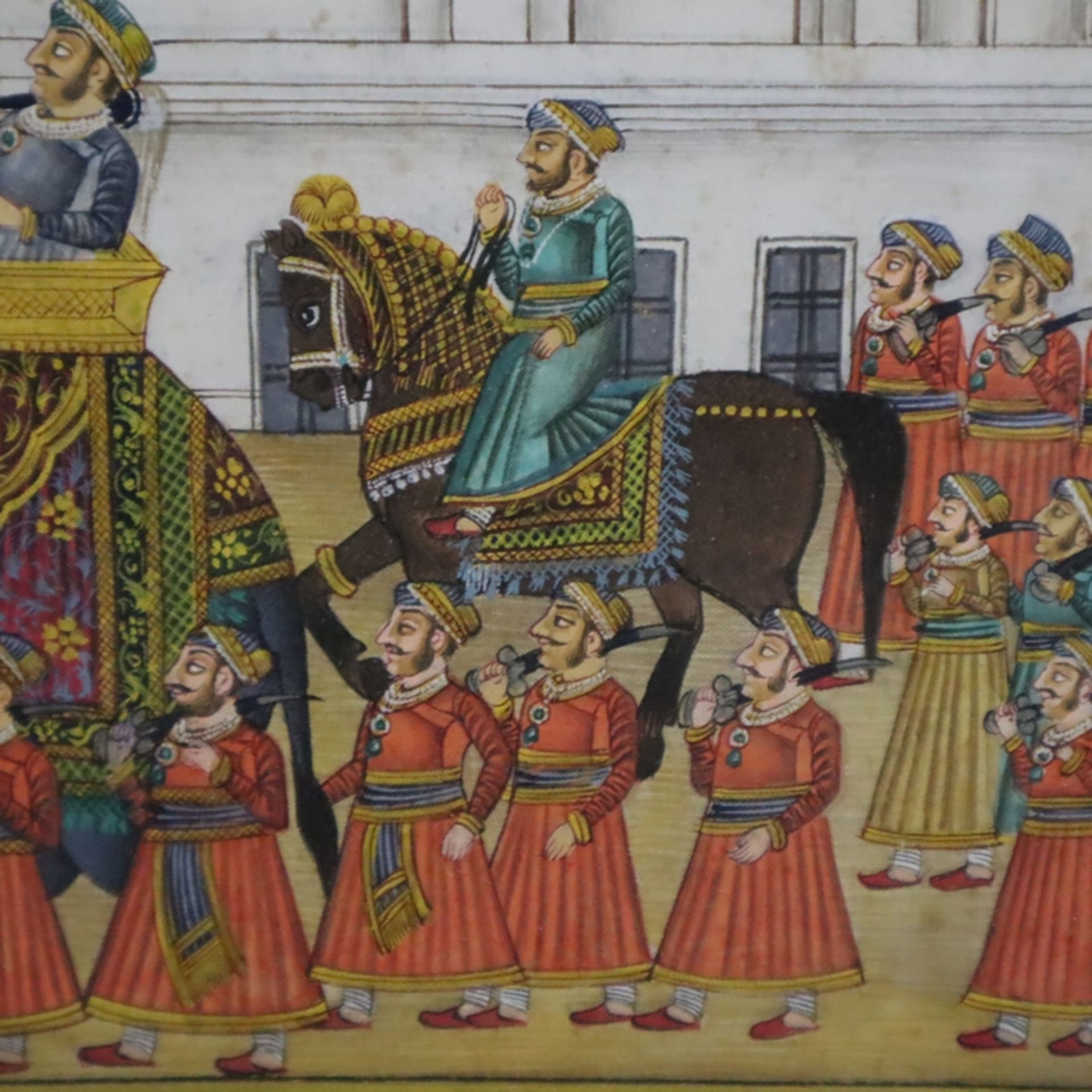 Indische Miniaturmalerei - Vielfigurige Prozession des Maharaja von Udaipur vor dem Gangaur Ghat, m - Image 5 of 9
